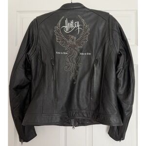Harley-Davidson XL Black Leather Jacket Rhinestone Logo Biker Riding Moto Fitted